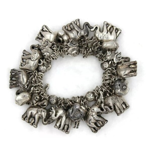 Vintage Elephant Giraffe Rhino Lion Stretchable Bracelet Silver Plated Sz Large - Picture 6 of 6